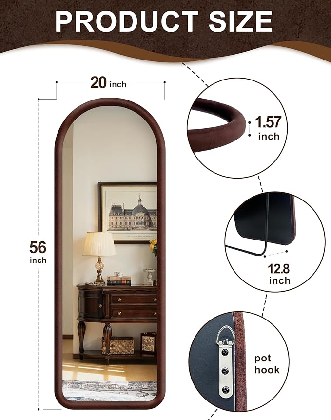 Delma Arched Full Length Mirror, Free Standing Floor Plush Flannel Frame Mirror for Leaning or Hanging, Soft Touch Bedroom & Living Room Decor, Dark Brown