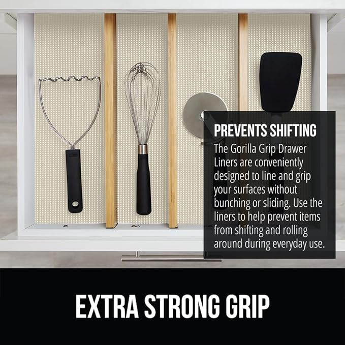 GORILLA GRIP powerGRIP Drawer Shelf and Cabinet Liner, Thick Strong Hold, Non-Adhesive Liners Protect Kitchen Cabinets and Cupboard, Bathroom Drawers, Easy Install, Breathable Mat, 12" x10' Cream