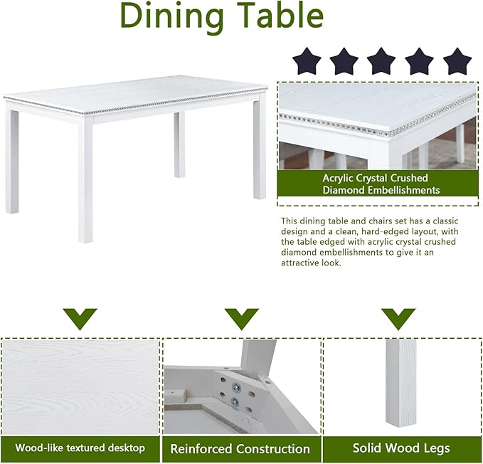 KEIKI 6-Piece Standard Height Dining Table Set with Rectangular Table, 4 Upholstered Chair, Bench, for 6 Person, Modern Crystal Decoration Table Set, Easy Assembly, for Kitchen, Dining Room, White