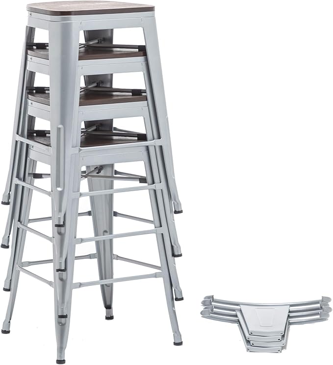 Yongqiang 24 inch Bar Stools Set of 4 High Back Kitchen Counter Height Bar Chairs Silver Metal Barstools with Large Wooden Seat