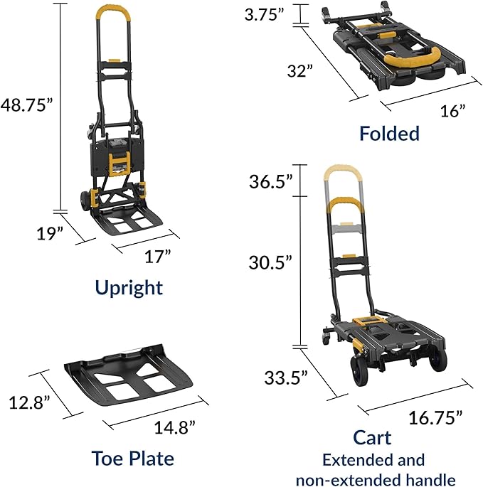 COSCO 12225YGB1E 2-in-1 Folding Hand Truck, 300 lb. Capacity, Multi-Position with Extendable Handle, Black/Yellow