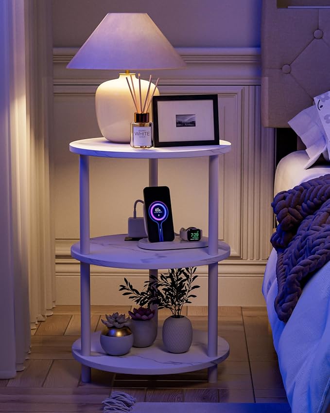 Small Round End Table - 3 Tier Design Accent Table, Narrow Side or Bedside Stand, Industrial Vintage Table for Small Spaces, Built-in USB Ports and Power Outlet, Marble White