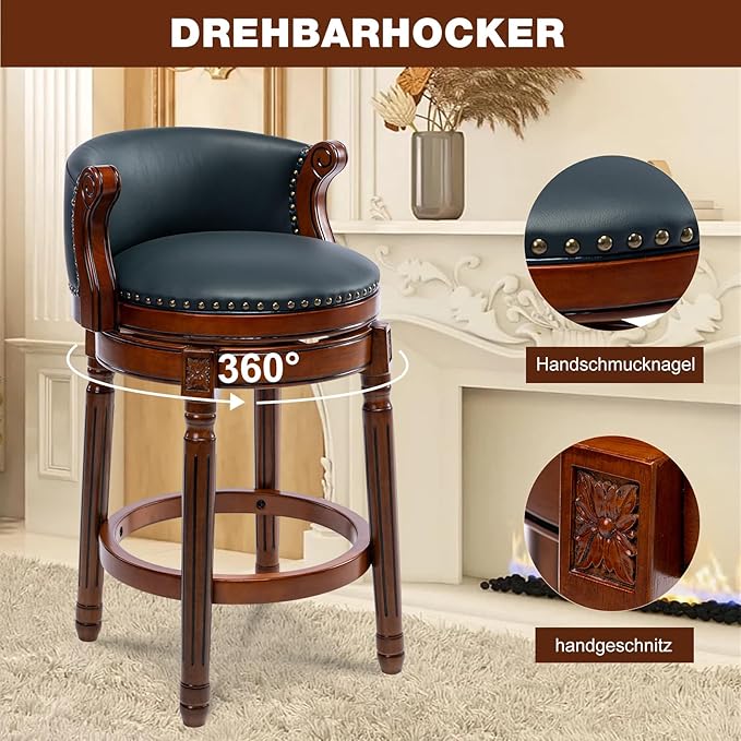 Cow top Leather Wooden Bar Stools, 26" Counter Height Bar Chair with Back, 180 Degrees Swivel Barstools Chair for Home Kitchen Counter,Dining Room, Restaurant