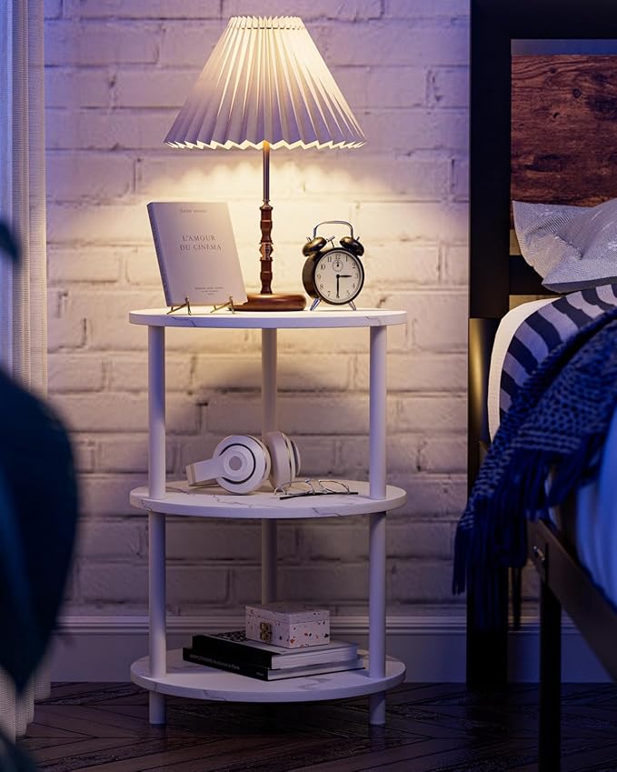 Small Round End Table - 3 Tier Design Accent Table, Narrow Side or Bedside Stand, Industrial Vintage Nightstand for Bedroom, Living Room, or Small Spaces, Marble White
