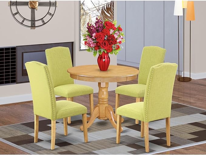 East West Furniture ANEN5-OAK-07 5 Piece Kitchen Table Set for 4 Includes a Round Dining Room Table with Pedestal and 4 Limelight Linen Fabric Parson Dining Chairs, 36x36 Inch, Oak