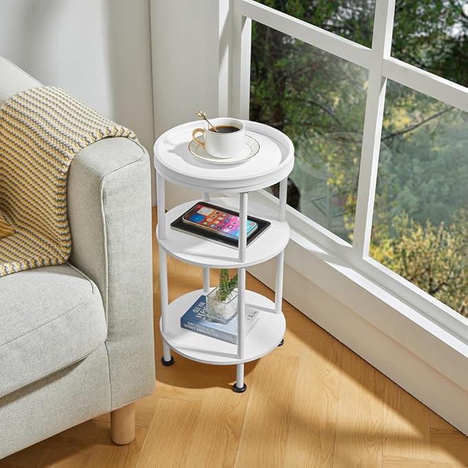 Small Round End Table with Charging Station, 3-Tier Accent Couch Beside Table with USB Ports & Power Outlets, Sofa Side Table for Living Room Small Nightstand Bedroom (Classic, White)
