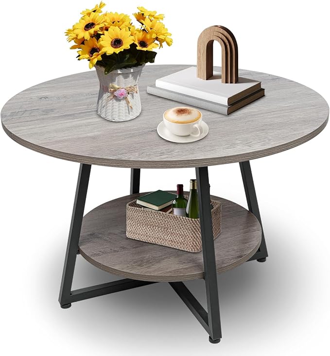 Round Coffee Table, 2-Tier Circle Coffee Table with Storage, Modern Wood Round Center Table, for Living Room, Small Space, Home Office, Easy Assembly, Wash Gray