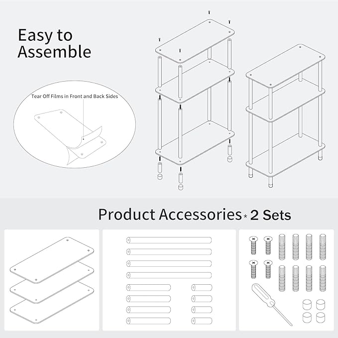 Clear Acrylic Narrow Side Table Set of 2 for Small Spaces, 15.75" L x 7.87" W x 24.6" H, 3 Tier Rectangle Slim End Table Nightstand, Small Bedside Table for Bedroom, Bathroom, Living Room