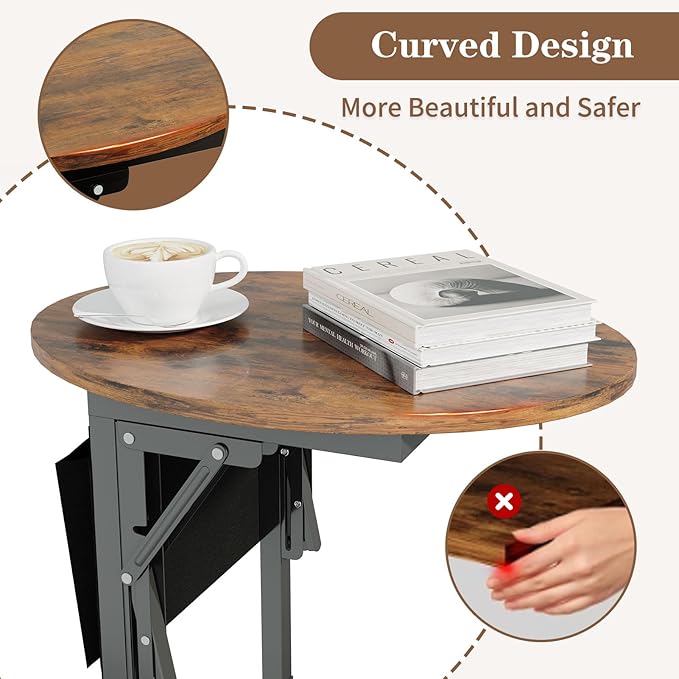 Folding C Shaped End Table, Small Side Table with Storage Bag for Sofa, Couch Table with Wheels, TV Tray Table for Living Room, Bedroom, Rustic Brown