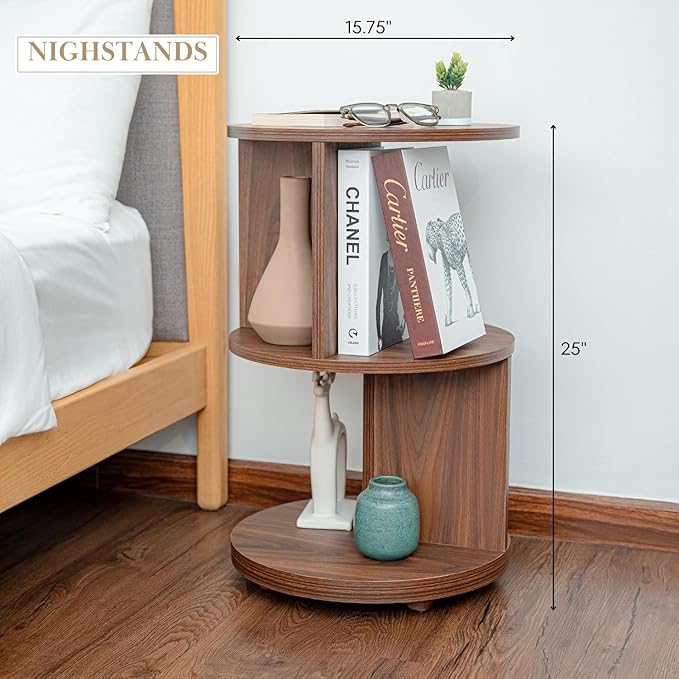 KAYMILY Living Room Side Table, Office Round Rotating End Table, Bedroom Mid Century Modern Nightstands, Contemporary Accent Tables - Easy Assembly - MDF Wood - Revolving - Walnut