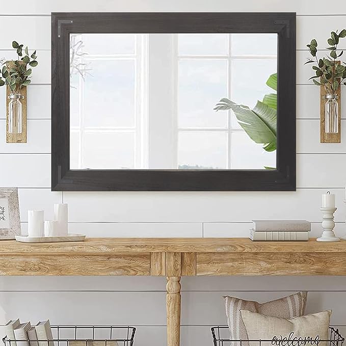 YOSHOOT Rustic Wooden Framed Wall Mirror, Natural Wood Bathroom Vanity Mirror for Farmhouse Decor, Vertical or Horizontal Hanging, 60" x 30", Black