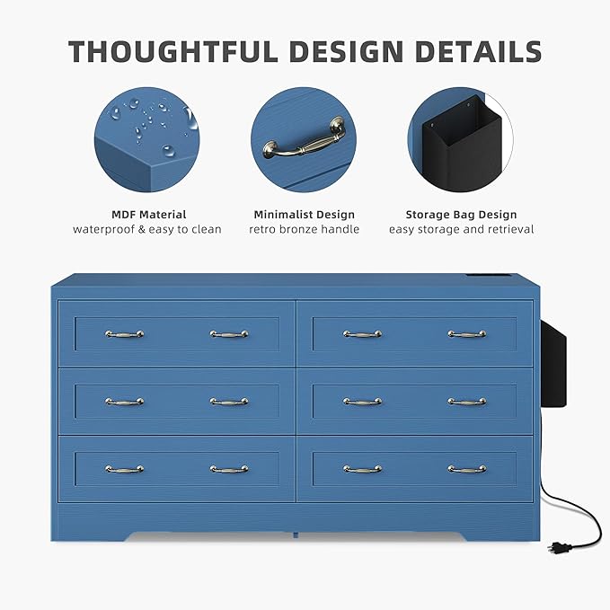 YITAHOME Drawers TV Stand for 65 inches with Power Outlets -Chest of Drawers Dresser with Side Organizer Bag Entertainment Center TV Console, Blue