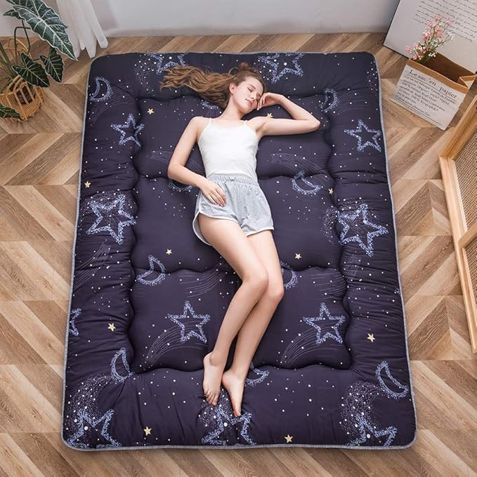 MAXYOYO Japanese Futon Mattress Floor Mattress Sleeping Pad Foldable Bed Roll Up Camping Cushion Floor Lounger Bed Couches and Sofas Couch Topper, Moon and Star, Twin Size