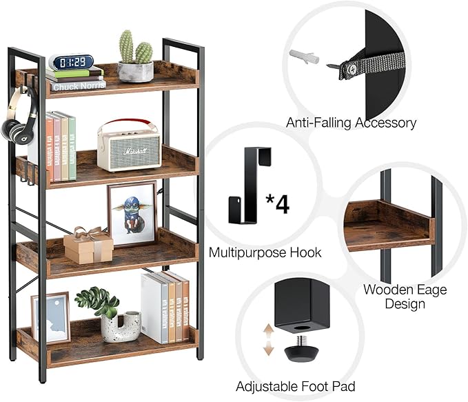 Rolanstar Bookshelf 4 Tier with 4 Hooks, Industrial Bookcase, Vintage Storage Rack with Open Shelves, Rustic Standing Bookshelves Metal Frame Display Rack for Living Room, Bedroom, Rustic Brown