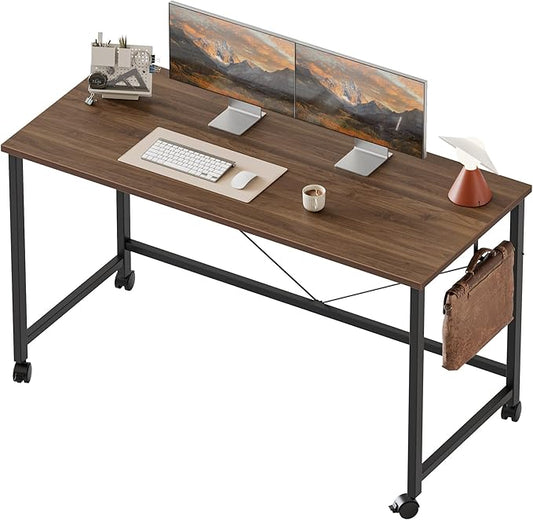 Rolling Computer Desk with Wheels, Gaming Desk for Small Spaces, Modern Simple Style Table for Home Office, Study Writing Table (Caster, Walnut, 48 inch)