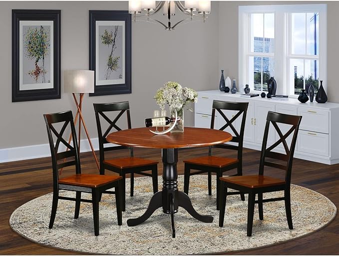 East West Furniture DLQU5-BCH-W 5 Piece Dining Room Furniture Set Includes a Round Kitchen Table with Dropleaf and 4 Dining Chairs, 42x42 Inch, Black & Cherry