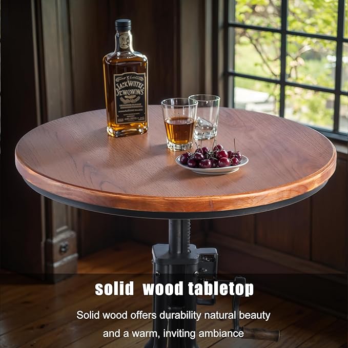 LOKKHAN 33.5-39.4 Inch Tall Industrial Bar Table-Adjustable Bar Height Bistro Whiskey Pub Table-23.7" Dia Swivel Round Wood Top Metal Base-Easily Adjusts by Crank Handle