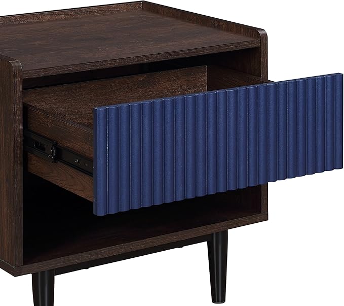 Manhattan Comfort Duane Modern Ribbed Nightstand, Bedside Table with Full Extension Drawer and Open Shelf, Industrial Chic Living Room and Bedroom Furniture, Navy Blue