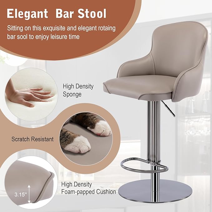 CozyRain Bar Stools Adjustable Stainless Steel Swivel Barstool with Back and Footrest,Modern Leather Upholstered Bar Chairs for Home,Kitchen,Bar, Counter Brown/Grey (Grey)