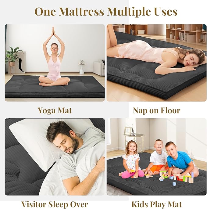 Japanese Floor Mattress, 4" Thicken Futon Mattress Queen Size Sleeping Pad, Corduroy Foldable Floor Pad, Roll Up Tatami Mat for Adults Guest Room Bedroom, Grey