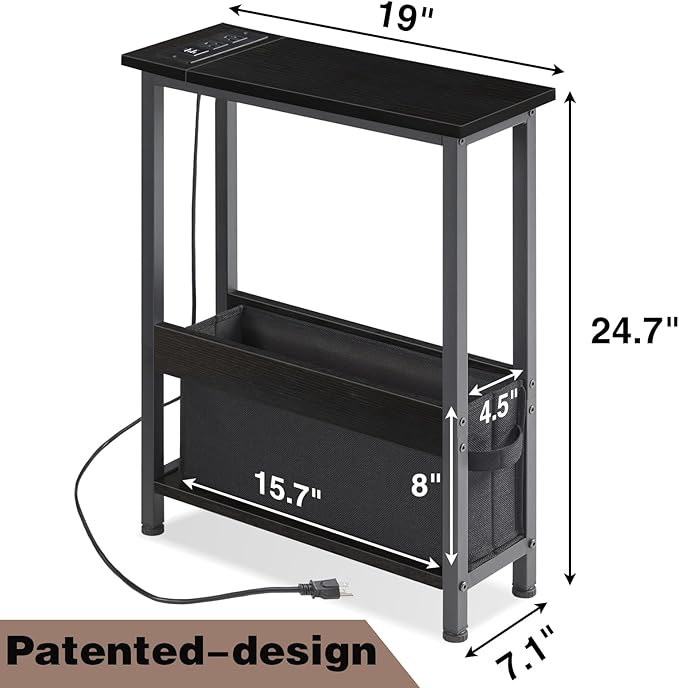 Slim Charging End Table with Storage - for Small Spaces and Bedroom (Black)