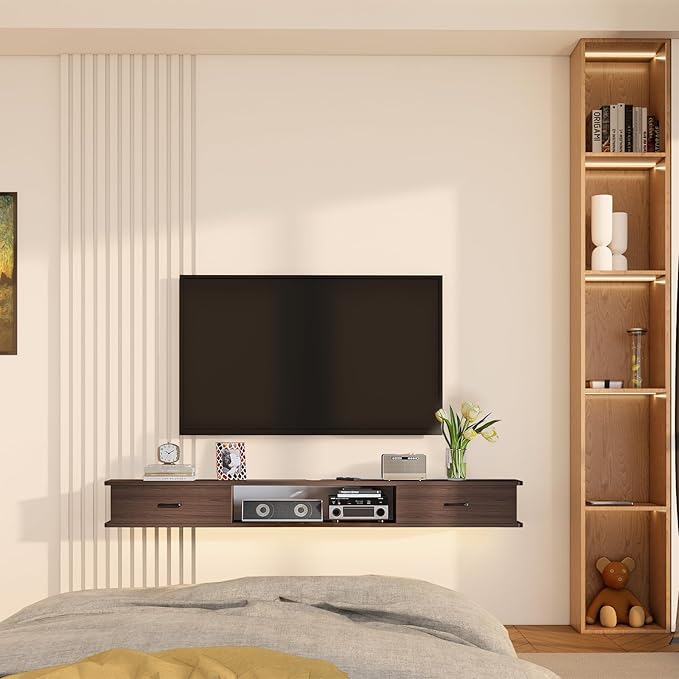 Floating TV Stand with 2 Doors,94'' Wall-Mounted TV Console,Floating TV Cabinet,Floating Console Shelf,Wall Mounted TV Cabinet(Walnut)