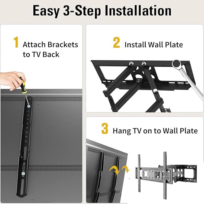 Full Motion TV Wall Mount for 37-80" TVs, Cold-Rolled Steel, VESA 200x200 to 600x400mm, Swivel 120° & Tilt, Supports Up to 99lbs, Durable & Easy Installation