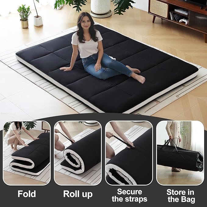 Tiita Queen Memory Foam Mattress Topper, 4" Thicken Futon Floor Mattress with Storage Bag and 2 Straps, Portable Roll Up Travel Car Camping Mattress Sleeping Pad, Black