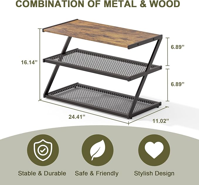 Z-Frame Shoe Rack with Wooden Top & Metal Mesh Shelves - Space-Saving Storage for Hallway, Living Room, Closet & Bedroom (24.41" x 11.02" x 16.14")