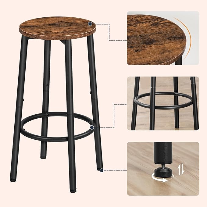 HOOBRO Bar Stools Set of 4, Counter Height Stools, Kitchen Round Height Stools, Bartools with Metal Frame and Smooth Top, for Kitchen, Bar, Cafe, Dining Room, Rustic Brown and Black BF03BYP401N1