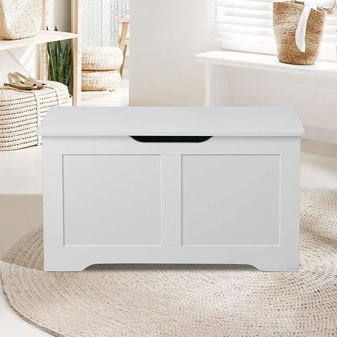 31.5" Storage Chest, Wooden Storage Bench, Lift Top Toy Chest with 2 Safety Hinges, Large Toy Box, Entryway Shoes Bench for Living Room, Bedroom, White
