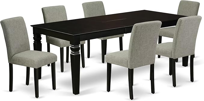 East West Furniture LGAB7-BLK-06 7 Piece Dining Room Table Set Consist of a Rectangle Wooden Table with Butterfly Leaf and 6 Shitake Linen Fabric Upholstered Chairs, 42x84 Inch, Black
