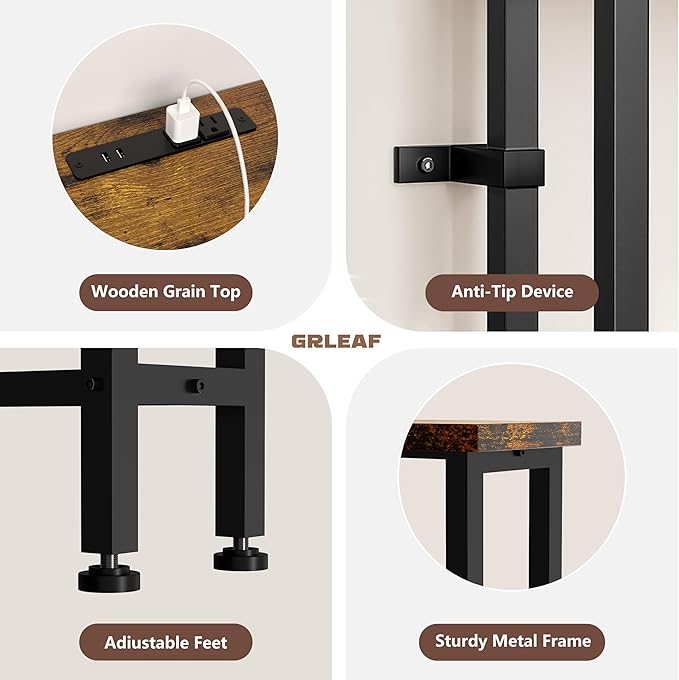 GRLEAF 70" Sofa Table with Built-in Power Strip (4 AC Outlets & 4 USB Ports) – 4.9ft Power Cord, Metal Frame, Easy Assembly, Long Couch Table Behind Sofa, Living Room and Home Office | Rustic Brown