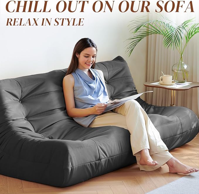 Bean Bag Chair, Large Fireside Chair Bean Bag Sofa for Adults, 3 Seater Bean Bag Chairs for Teens with High-Resilience Foam, Memory Foam Bean Bag for Living Room, Bedroom, Office (Suede, Dark Gray)
