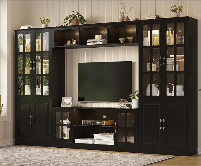 4-Piece Wall Unit TV Stand with Storage & LED Lights for TVs up to 75", Modern Entertainment Center with Bookshelves & 4-Door Pantry Cabinet, Black