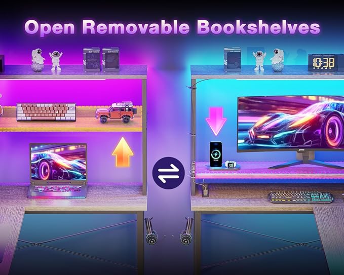 ODK 53 Inch L Shaped Desk with LED Lighting, Reversible Gaming Desk with Power Outlets, Cornor Computer Table with Storage Shelves & Bag & Iron Hook, Home Office Table for Writing, Study, Grey Oak