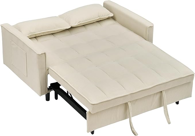 Ball & Cast Convertible Sofa Bed,Pull Out Loveseat Sleeper Sofa,Convertible Pull Out Couch W/ 2 Pillows,Adjustable Backrest & Side Pocket,Corduroy Futon Couches for Living Room,Apartment,Beige,54"