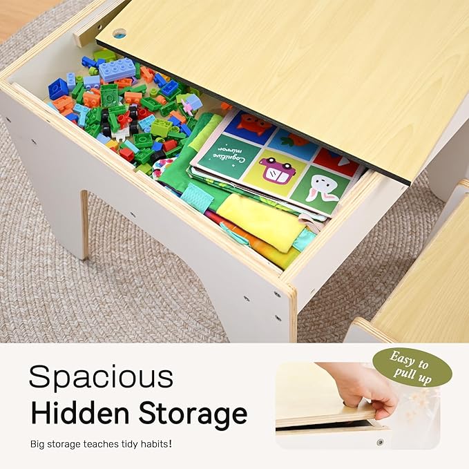 wingyz 4-in-1 Toddler Table and Chairs Set, Kids Play Tables with Storage, Wooden Sensory Tables with Dual-Sided Blocking Baseplate, Baby Activity Table with Chalkboard