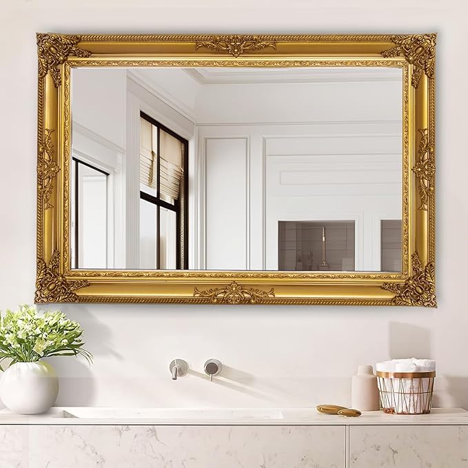 Large Antique Wall Decorative Mirror, 29.5" x 41" Gold Traditional Baroque Inspired Wall Decor Mirror, Vintage Wall Mirrors for Bedroom, Entryway, Dining Room, Fireplace
