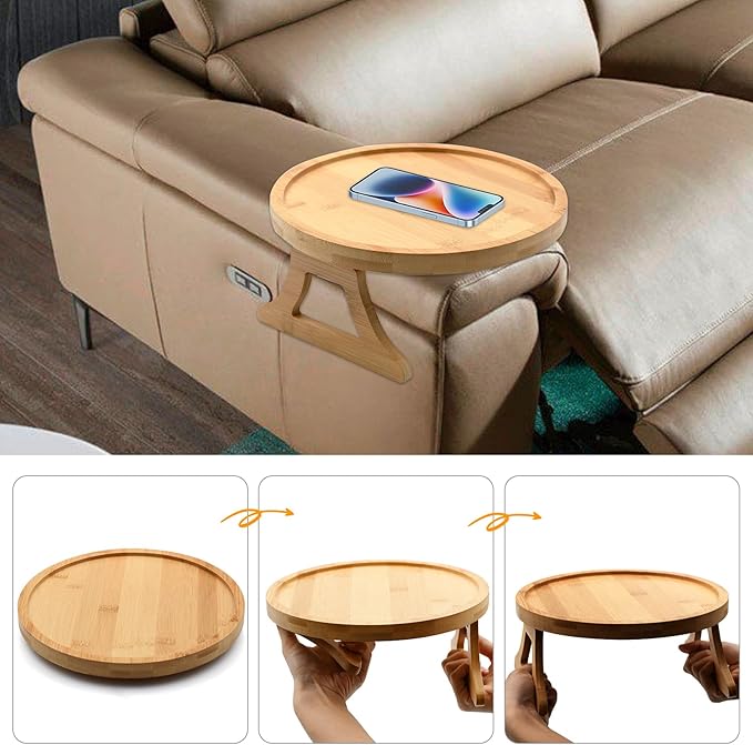 Sofa Arm Tray Table -Wide Sofa Arm Table-Flexible and Foldable-Ideal for Cell Phones,Cups,Fruits or Snacks-Thoughtful Gifts (Round)