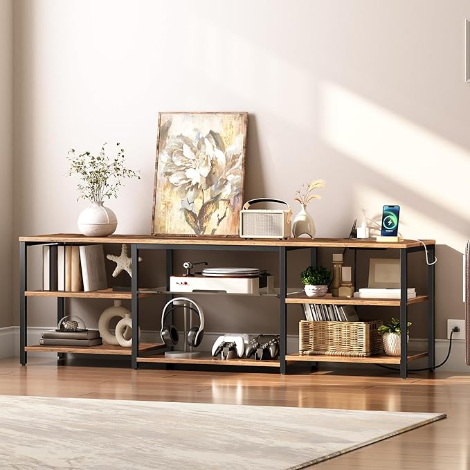 HOOBRO LED TV Stand for 75 Inch TVs with Charging Station, Gaming Entertainment Center with Open Storage, Media TV Console Table, TV Stand for Living Room, Bedroom, Rustic Brown and Black BF21UDDS01
