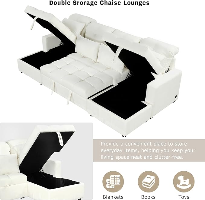 Ball & Cast 110.2" Oversized Versatile Sectional Sleep Sofa with Two USB Ports,U-Shape 4 Seat Pull-Out Couch w/Double Storage Chaise Lounges,for Living Room,Apartment,Office,Beige