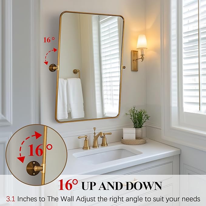 ANDY STAR Gold Pivot Mirror, 22" x 30" Brushed Gold Metal Frame Vanity Mirrors for Over Sink, Farmhouse Rectangle Bathroom Mirror with Adjustable Tilting Design Wall Mounted