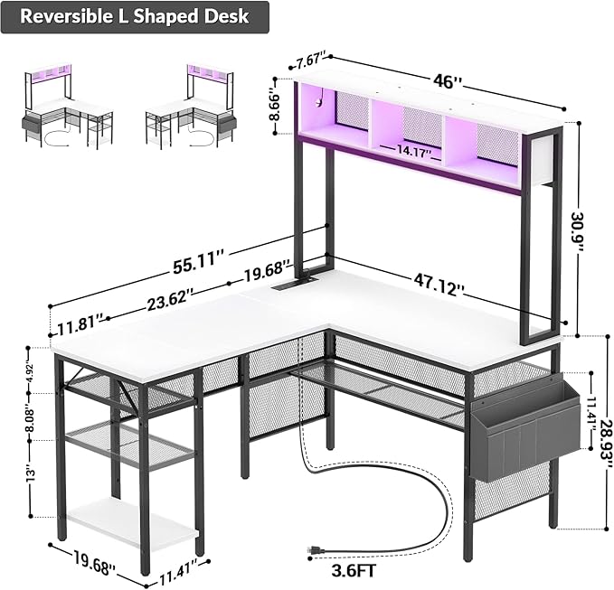 Unikito L Shaped Computer Desk with LED Strip and Power Outlets, Storage Shelves and Bag, Industrial Reversible Gaming Table Writing Corner Desk for Home Office Workstation, White