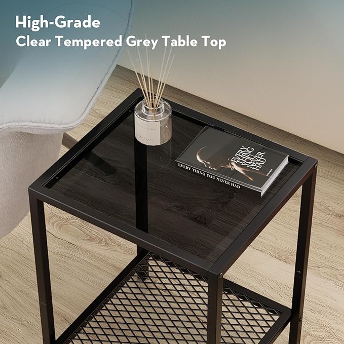 SAYGOER Black Side Table Small Glass End Table 2-Tier Narrow Square Bed Side Tables, 13.4"x11.8"x19.7", Sofa Small Leisure Table with Black Metal Frame for Modern Living Room Bedroom, BK Glass