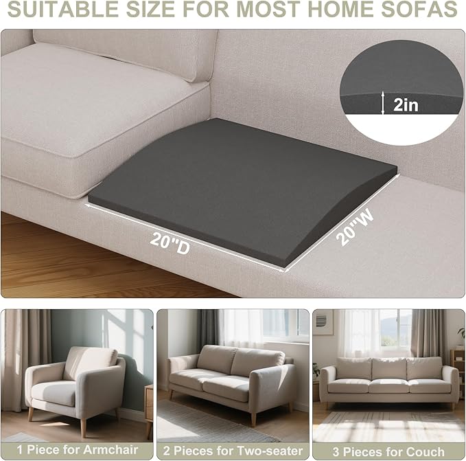 Couch Cushion Support for Sagging Seat, High-Density Curved Foam Sofa Furniture seat Couch Cushions Support Repair, 20"x20" Grey Set of 3