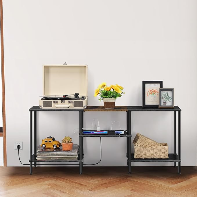Small TV Stand with Power Outlet, Industrial TV Media Console with Storage Black Wood Entertainment Center up to 50 inch TV for Living Room, Bedroom, Kids Room