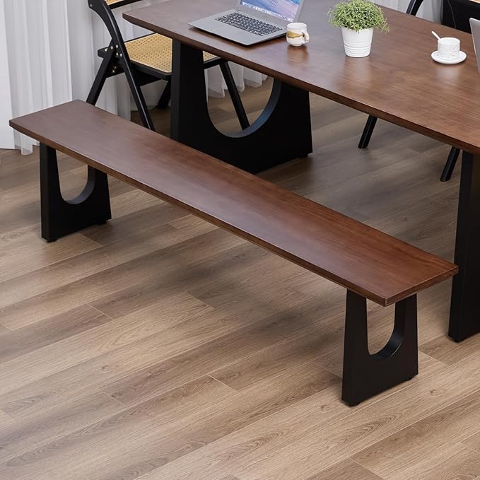 Walnut Color Long Bench Solid Wood Top Metal Legs U-Shaped Design Durable Sturdy Dining Bench Ideal for Office Home Restaurant Patio Multiple (Bench, 70.87in)