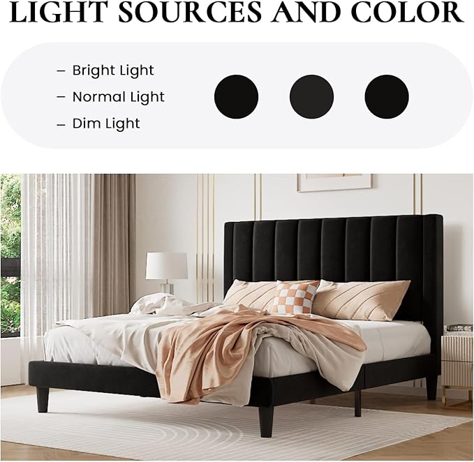 SHA CERLIN Twin Bed Frame/Velvet Upholstered Platform Bed Frame with Headboard/Strong Wood Slats Support/Mattress Foundation/No Box Spring Needed - Black
