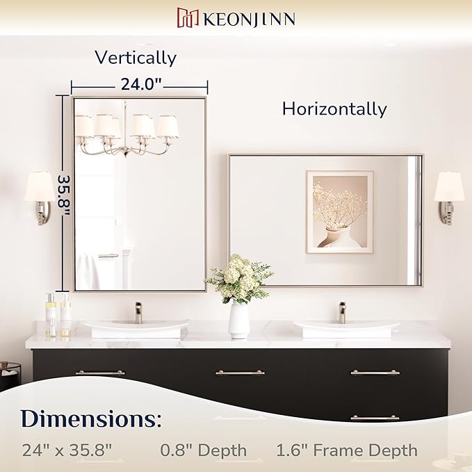 Keonjinn 24 x 36 In Brushed Nickel Bathroom Mirror, Rectangular Metal Framed Wall Vanity Mirror for Over Sink Square Corner Aluminum Alloy Modern Farmhouse Rectangle Silver Mirror(Horizontal/Vertical)